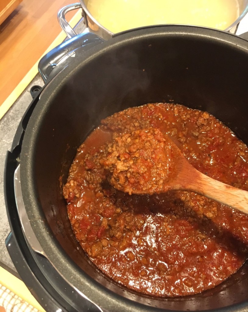 Bolognese sauce simmering in the Instant Pot.