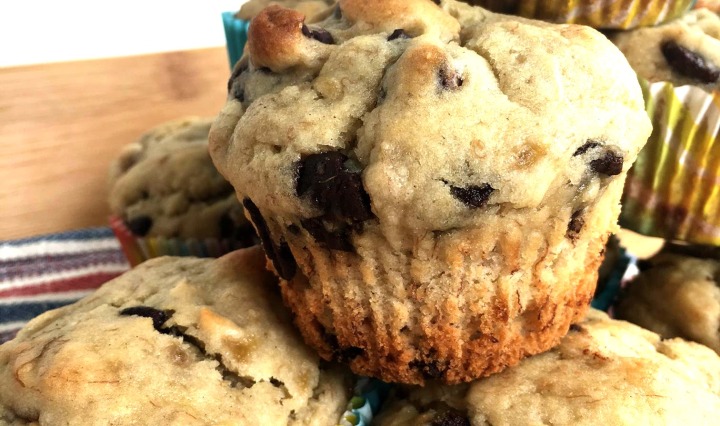 A stack of gluten-free banana chocolate chip muffins.