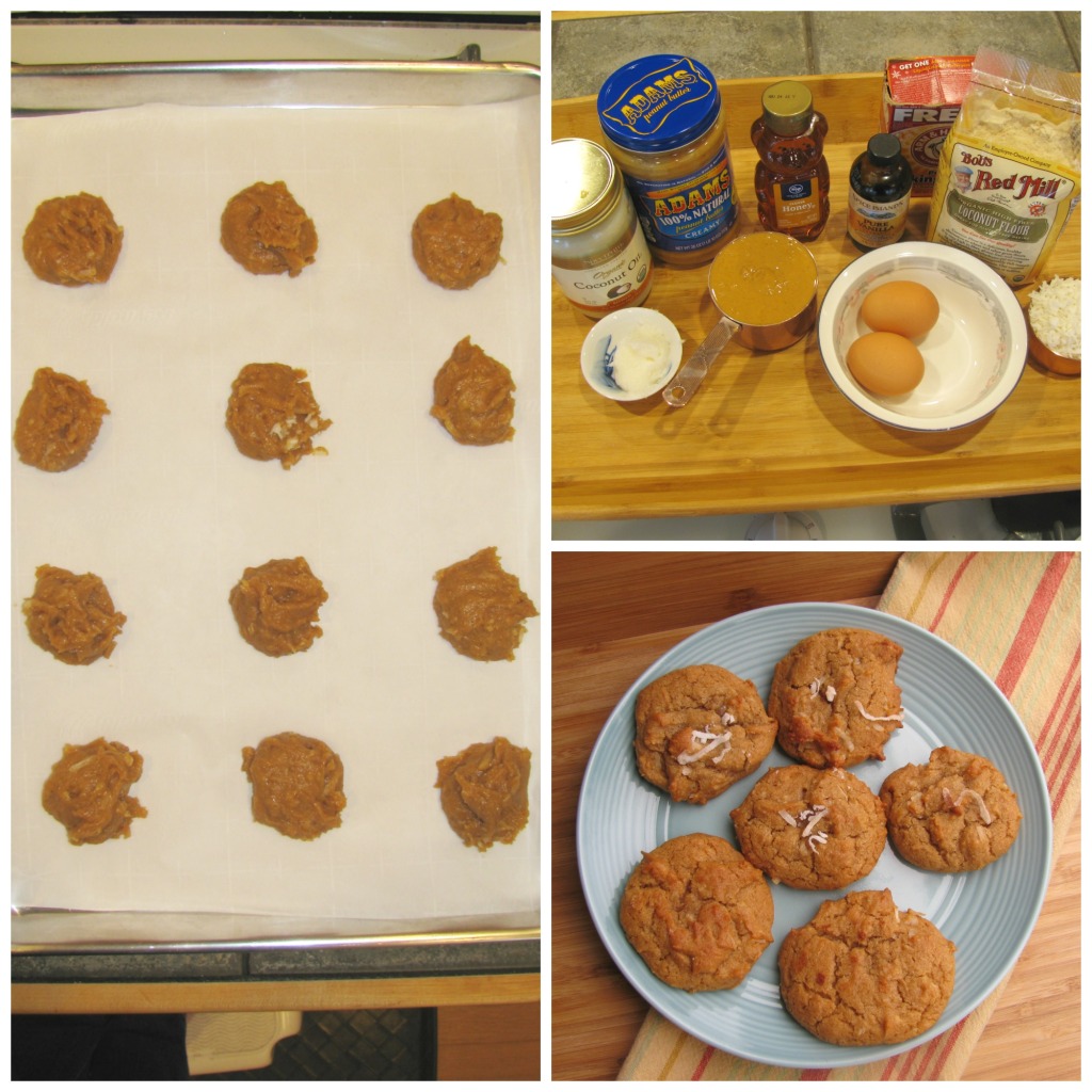 A collage of ingredients for coconut peanut butter cookies. 